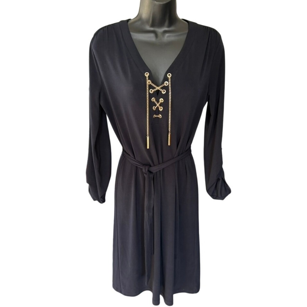 Michael Kors Belted Mini Dress with Gold Chain Sz S Navy Blue
